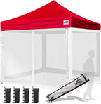 Eurmax USA 10'x10' Pop-up Canopy Tent Commercial Instant Canopies with 4 Removable Zipper End Screen Wall kit and Roller Bag, Bonus 4 SandBags(Red)
