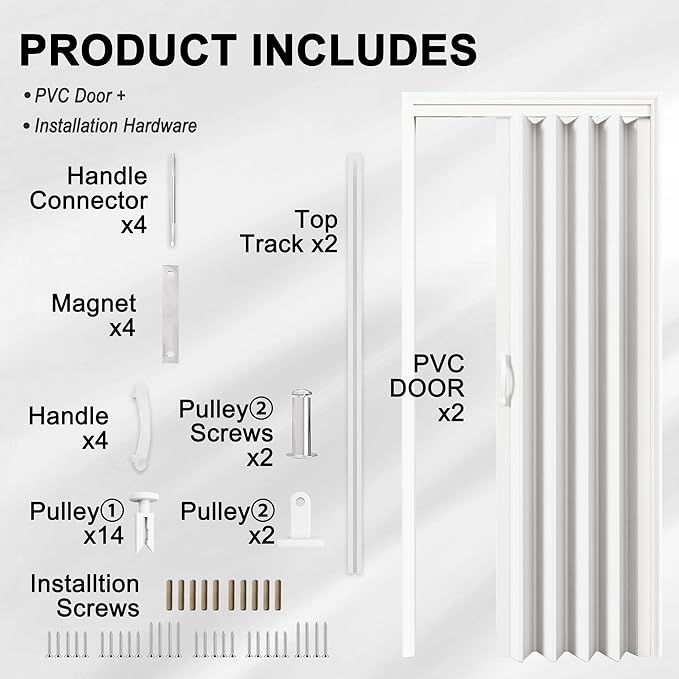 24"-36" x 80" Accordion Doors Interior - Vinyl PVC Bifold Accordion Closet Doors, Includes Door & Mounting Hardware, Handle, Temporary Folding Door for Doorway Pantry Laundry, Oak