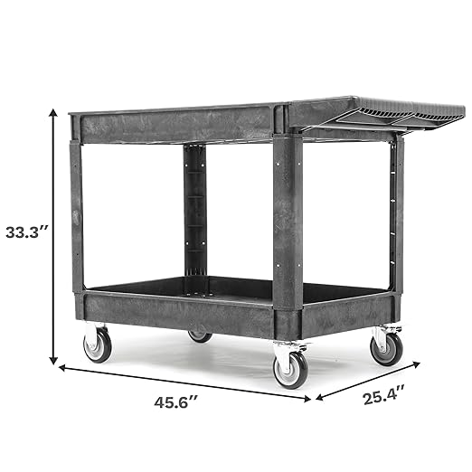 DWVO Service Utility Cart on Wheels, 550 lbs 2 Shelf Heavy Duty Rolling Carts, 45 x 25 in Plastic Cart Work Carts with Wheels for Warehouse Garage School & Office, Cleaning