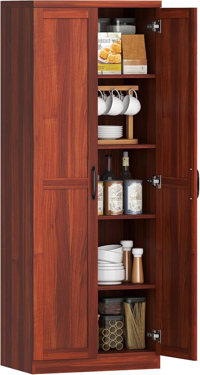 HOMCOM 63" 2-Door Kitchen Pantry, Freestanding Storage Cabinet with 5-Tier Shelving and 2 Adjustable Shelves for Dining Room, Tan