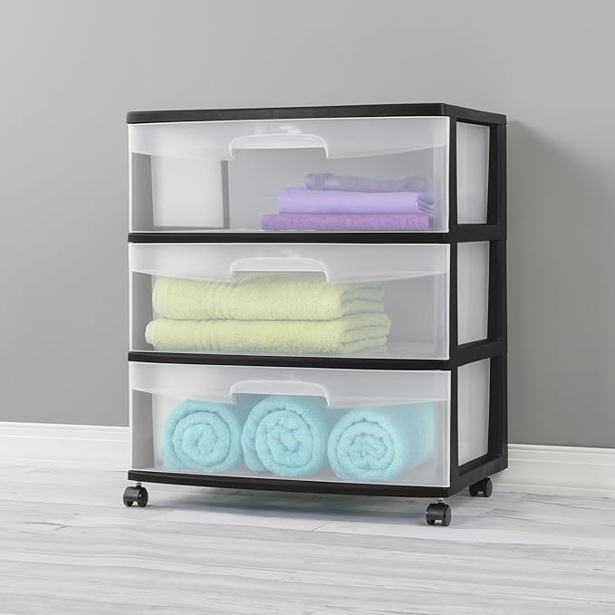 3 Drawer Wide Plastic Storage Cart with Clear Pull-Out Drawers & 4 Wheels - Medium Home Organization Container for Classroom Bathroom Dorm Bedroom Laundry Room (Black)