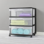 3 Drawer Wide Plastic Storage Cart with Clear Pull-Out Drawers & 4 Wheels - Medium Home Organization Container for Classroom Bathroom Dorm Bedroom Laundry Room (Black)