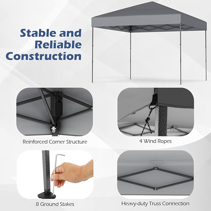 Tangkula 10x10 FT Pop Up Canopy, UPF50+ Portable Outdoor Tent with 8 Stakes, 4 Wind Ropes, Carrying Bag, Foldable Canopy Tent for Beach Party Event Camping