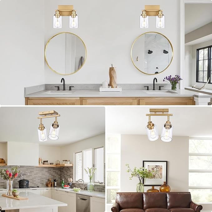 2-Light Track Lighting Fixtures Gold Finish, Multi-Directional Rotating Ceiling Tracking Lights with Clear Glass, Modern Bathroom Wall Vanity Lights Track Lighting Kits for Kitchen Accent Shop