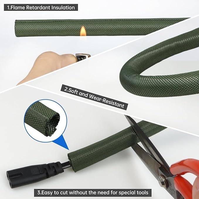 Split Braided Cable Sleeve，Flexible Wire Loom Tubing, Automotive Cord Protector Pet Proof, Cable Management for Computer TV Electric Wires Harness 16ft (Dark Green, 13mm（1/2")