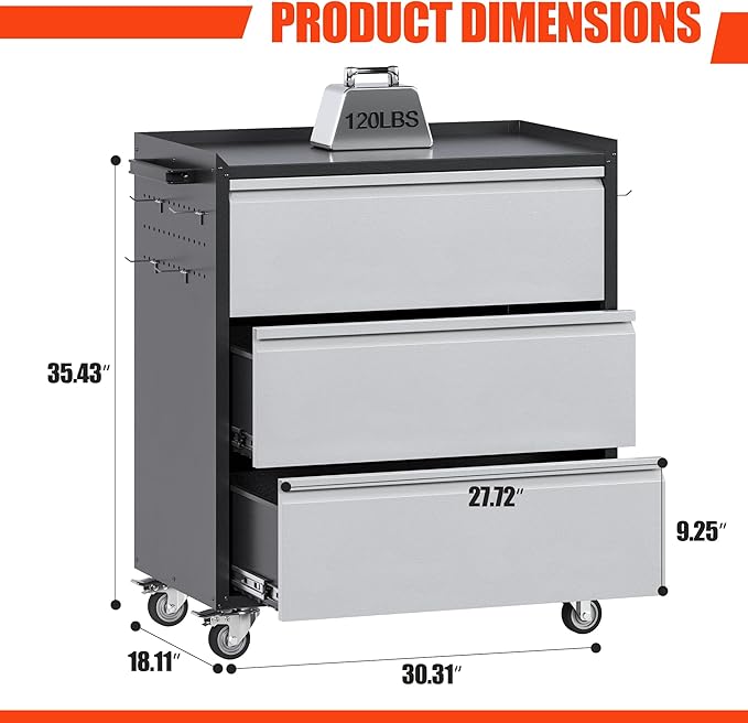 Aobabo Tool Storage Garage Cabinet with Wheels, 3 Drawer Tool Chest Rolling Metal Storage Cabinet on Wheels, Assembly Required, Black/Gray