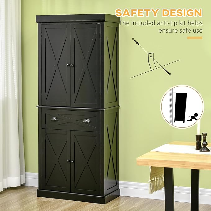 HOMCOM 72" Kitchen Pantry Storage Cabinet, Traditional Freestanding Pantry Cabinet with 4 Doors and 2 Adjustable Shelves, Large Central Drawer, X-Frame, Black