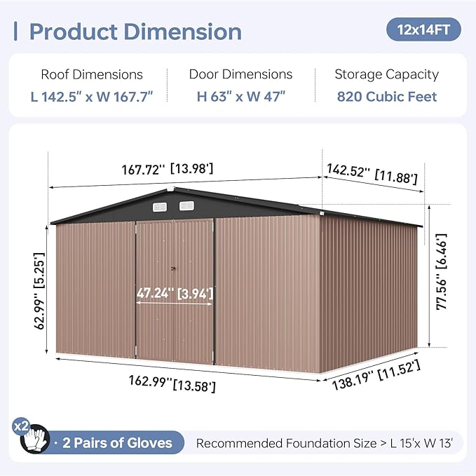 14x12 FT Outdoor Storage Shed, Utility Steel Tool Shed with Lockable Door and Air Vents, Galvanized Metal Shed for Garden Backyard Patio Lawn (14'x12', Brown)