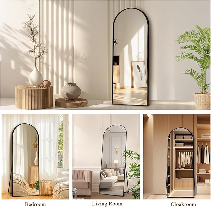 64"x21" Full Length Mirror with Stand, Shatterproof Arched Floor Mirror, Aluminum Alloy Thin Frame - Freestanding/Leaning/Wall Mount for Bedroom, Living Room & Entryway (Black)