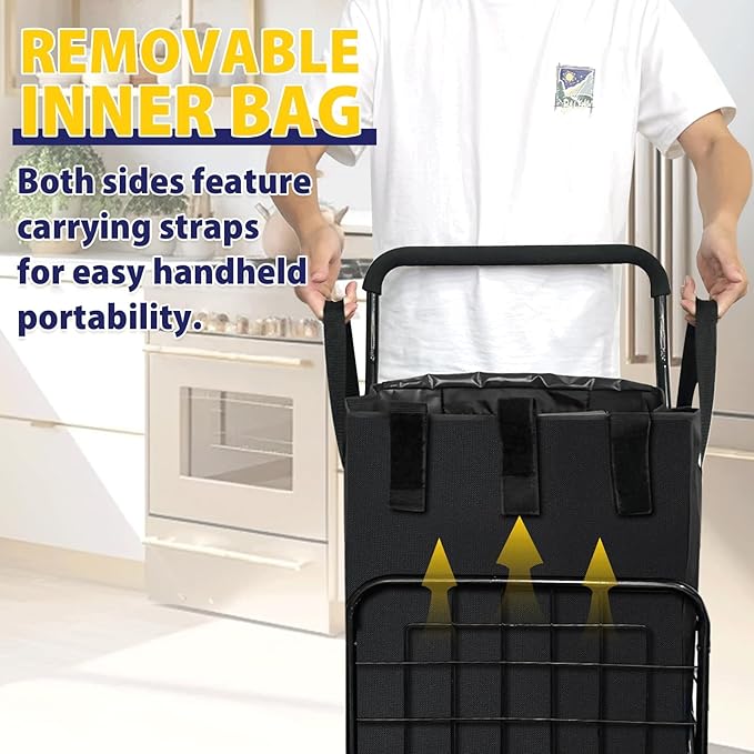 Siffler Collapsible Shopping Cart with Double Basket & Waterproof Liner - Grocery, Laundry & Travel Foldable Cart, 360° Swiveling Wheels, Medium Size with Carry Bag