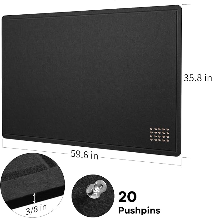 Large Bulletin Board - 60 x 36 Inches, Decorative Felt Pin Board for Wall - 5' x 3' Foldable Photo Display Board with Self-Adhesive Tape, Includes 20 Push Pins - Black