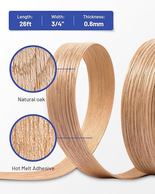 Red Oak Edge Banding 3/4 inch x 25 ft Real Wood Veneer Plywood Edge Banding Iron-on Pre-glued Veneer Edging Tape for Cabinet Repairs Furniture Restoration