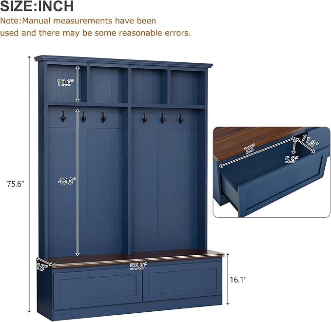 Merax Wood Hall Tree with 6 Hooks & Entryway Bench, Farmhouse Mudroom Versatile Coat Racks with 2 Large Drawers, Entrance Organizer for Hallway, Blue