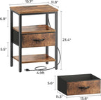 SUPERJARE Nightstand with Charging Station, Bed Side Table with Adjustable Fabric Drawer, Night Stand for Bedroom, 3-Tier Storage End Table, for Living Room, Rustic Brown