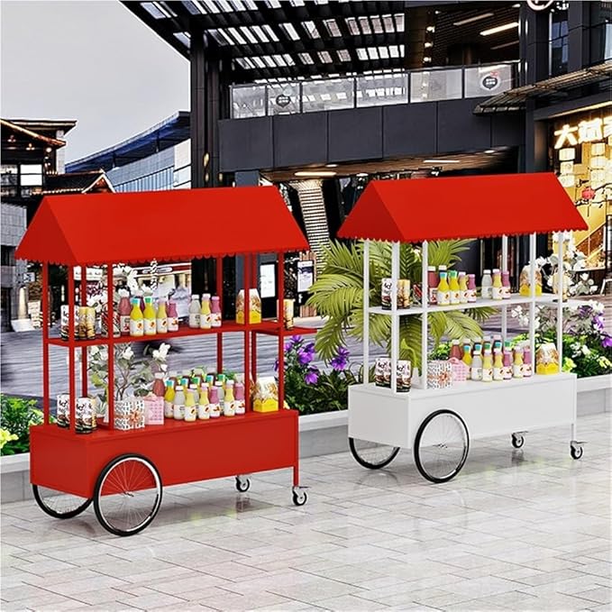 Portable Food Cart with Striped Canopy, Mobile Vendor Display Stand with Lockable Wheels, Iron Outdoor Cart for Market, Street Food or Events(Brown,55.1in)