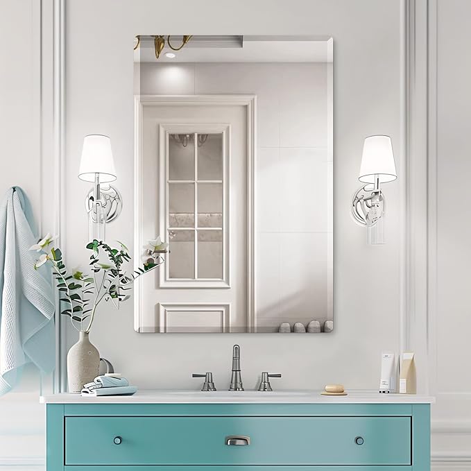 Mirrorons Beveled Mirror, Wall Mirror 24" x 36", Frameless Rectangle Bathroom Mirror with Beveled Edge, Hangs Horizontally or Vertically. Rounded Corner Tempered
