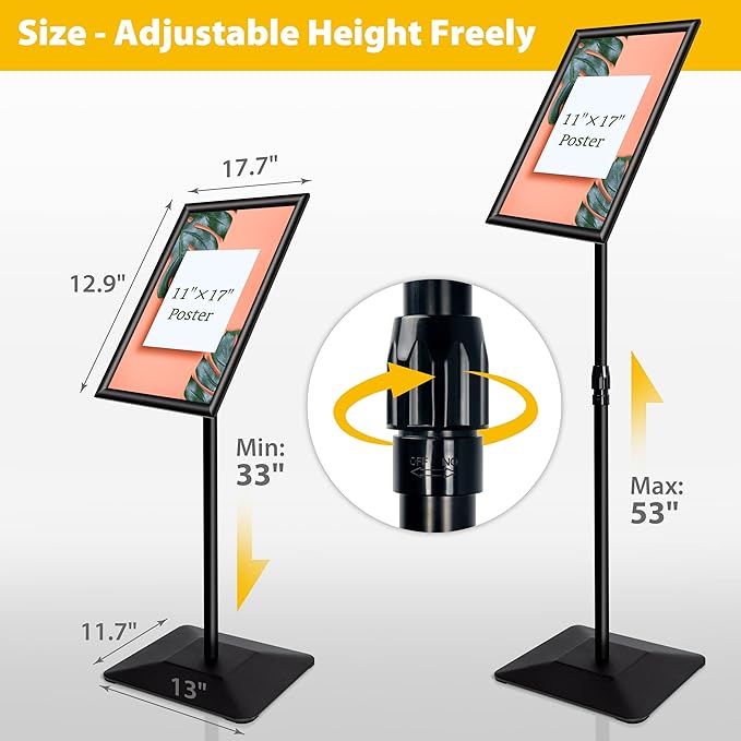 11"x17" Pedestal Poster Sign Holder Stand with Heavy Duty Solid Steel Base, Adjustable Floor Standing Sign Holder for Vertical and Horizontal View Sign Super Stable Displayed Stands, Black