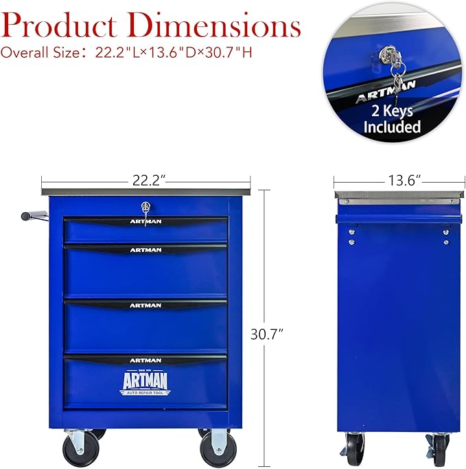 4 Drawer Rolling Tool Chest with Locker, 22.2" D Metal Movable Lockable Tool Cart Box Multi-Functional Hardware Storage Cabinet Box for Warehouse Basement Home Pantry Garage