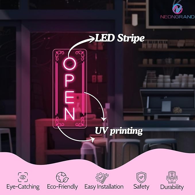 Vertical LED Open Signs for business – Super Bright - UV Printing Pattern, Remote Included - Large Size 10x24'' - Neon Open Sign for Café, Bar, Shop & Business Sign (Pink)