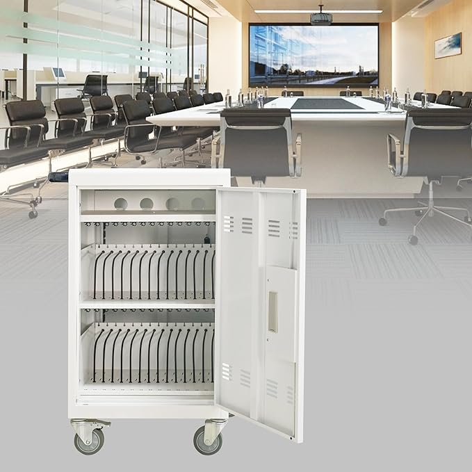 32 Devices Laptop Charging Cart with Password Lock,Tablet Storage Carts for Pad Up to 16.3" Screen,Classroom Computer Mobile Charging Station for Pads,Chromebooks,Laptops(White - Password Lock)