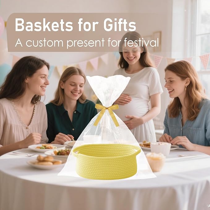 Woven Basket,Small Rope Storage Bin with Handles & Ribbon Bag, Organizer for Shelves Closets,Gift Basket Empty for Birthday,Books,Dog Toys, Yellow/2 Pack