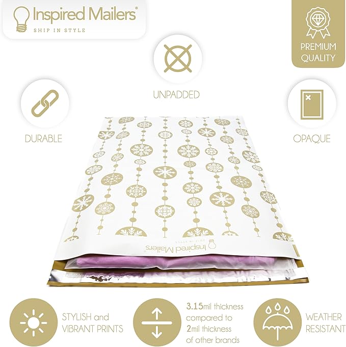 Inspired Mailers - Large Poly Mailers 14.5 x 19-50 Pack - Snowflake Baubles (Gold) - Holiday Shipping Bags - Large Mailing Envelopes - Christmas Shipping Envelopes