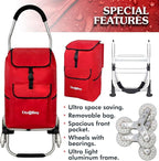 Ultra-Lightweight Foldable Stair-Climbing Red Shopping Cart - 42L Capacity, Six Rubber Wheels, Removable Insulated Bag Liner, Durable Aluminum Frame,Multi-Function Personal Hand Truck