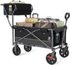 EVER ADVANCED Collapsible Push & Pull Shopping Cart with Wheels & Brakes, Foldable Wagon for Groceries with Practical Basket, Side Pockets & Cup Holders, Beach Utility Rolling Cart for Camping, Black
