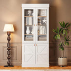 Vyre 71" Tall Modular Farmhouse Bookcase with Glass Doors & Drawers, Set of 3 – Large Storage Cabinet with Adjustable Shelves for Living Room or Kitchen, White