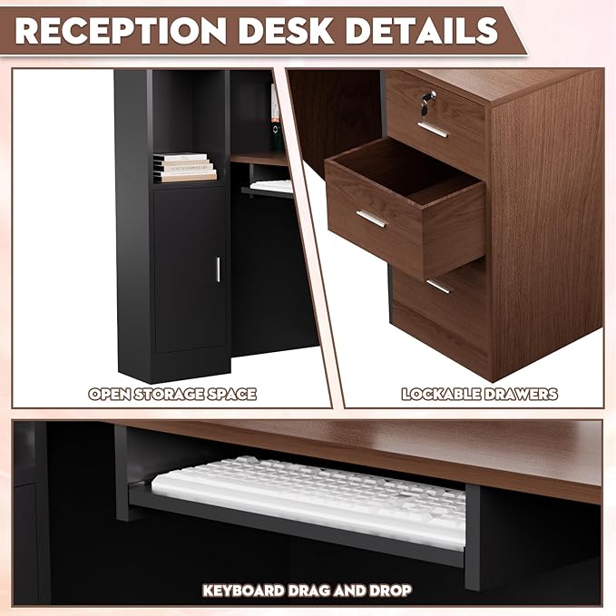 L-Shaped Modern Reception Desk with Counter & Storage - 71" Large Office Front Desk, Salon Checkout Counter with Lockable Cabinets, Shelves(Brown & Black, Left - 71''L x 34''W x 41''H)