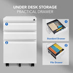 FLEXISPOT Mobile File Cabinet for Home Office Under Desk Storage with Lock Keys 3 Drawer File Cabinet for Legal/Letter/A4 File, White