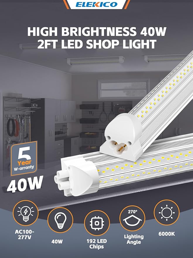 4 Pack 2ft Led Shop Lights, 6000k 40w 5600lm 24 Inch Led Light Fixture Power Cord Wth on/Off Switch, Linkable 2ft Shop Light for Small Garage Ceiling Storage Area Workbench Basement Attic