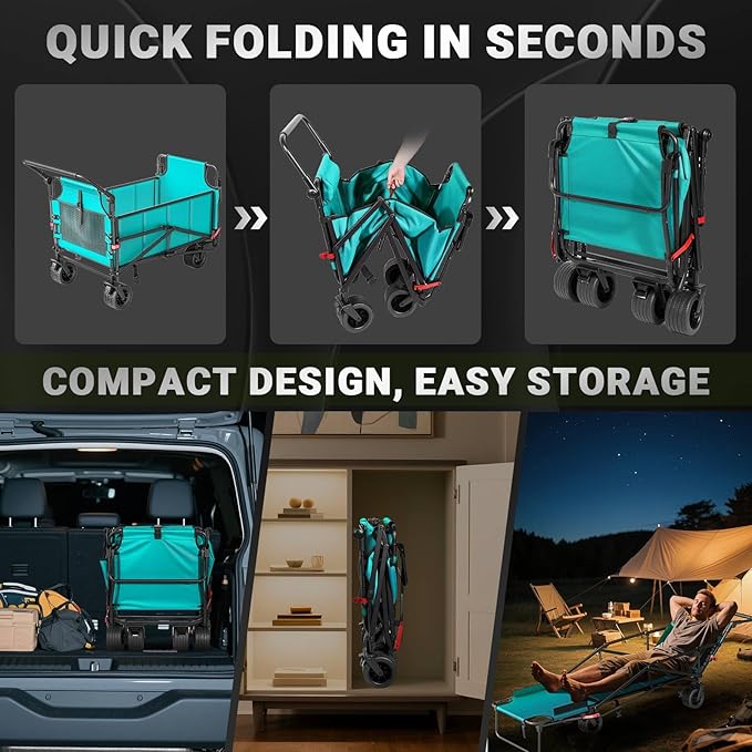 LEVELEVE Heavy Duty Folding Wagon - 2-in-1 Collapsible Cart, 650lb Capacity, All-Terrain Wheels w/Brakes & Side Pockets