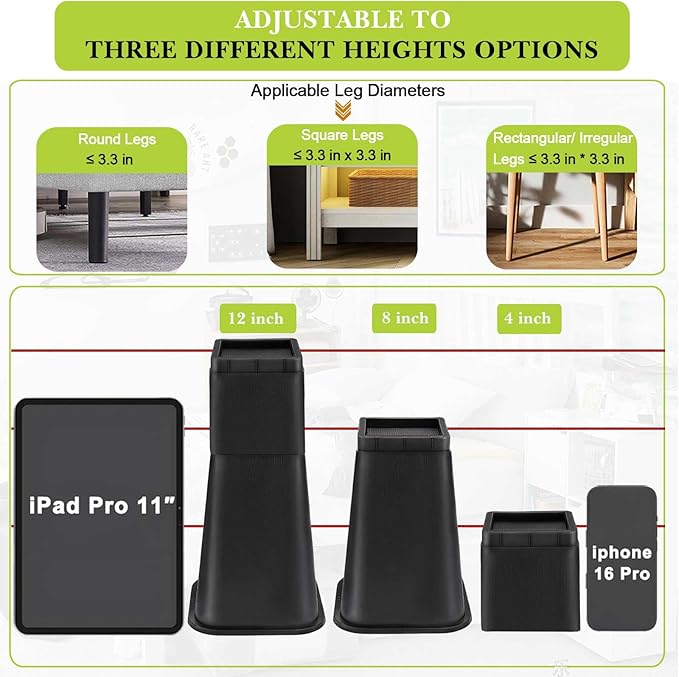 4 Pack Bed Risers 12 inch Heavy Duty, Adjustable Furniture Risers Lift Height 12",8" or 4" for Table Desk Couch Sofa Cabinet Bed Frame Dorm, Square Stackable Table Leg Risers, Black