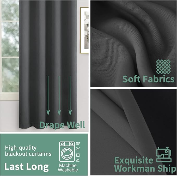 Dark Grey Blackout Curtains for Bedroom 72 Inch Length 2 Panels, Thermal Insulated 100% Room Darkening Soundproof Curtains for Living Room/Office, Each Window Curtain 52 Inch Wide