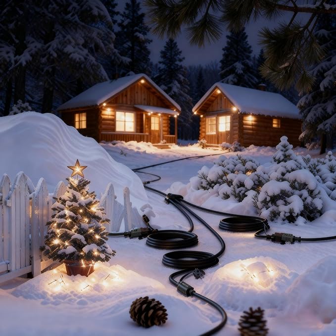 Black 25FT Outdoor Extension Cord,Evenly Spaced 3 Outlets Plugs,16/3 SJTW Wire with Safety Cover for Outdoor String Lights, Landscaping Light, Holiday Decoration and Christmas,UL Listed