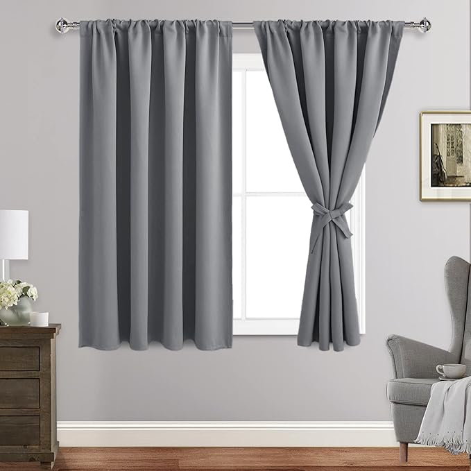 JIUZHEN Blackout Curtains for Bedroom - Thermal Insulated Room Darkening Noise Reducing, 52 x 45 Inch Length Curtains for Living Room, Set of 2 Panels with Tiebacks, Light Grey
