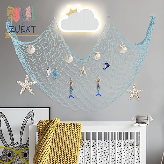 ZUEXT Fish Netting Decoration Light Blue 80x40 Inch, 2 Pack Large Picture Fish Net,Wall Photo Hanging Fishnet for Nautical Mermaid Pirate Ocean Theme Hawaii Beach Under The Sea Party Decoration