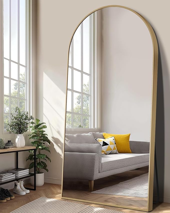 EOGOW 71" x 28" Arched Full Body Mirror,Standing or Leaning Tempered Glass Shatterproof Full Length Mirror with Stand for Bedroom Living Room Entryway,Gold