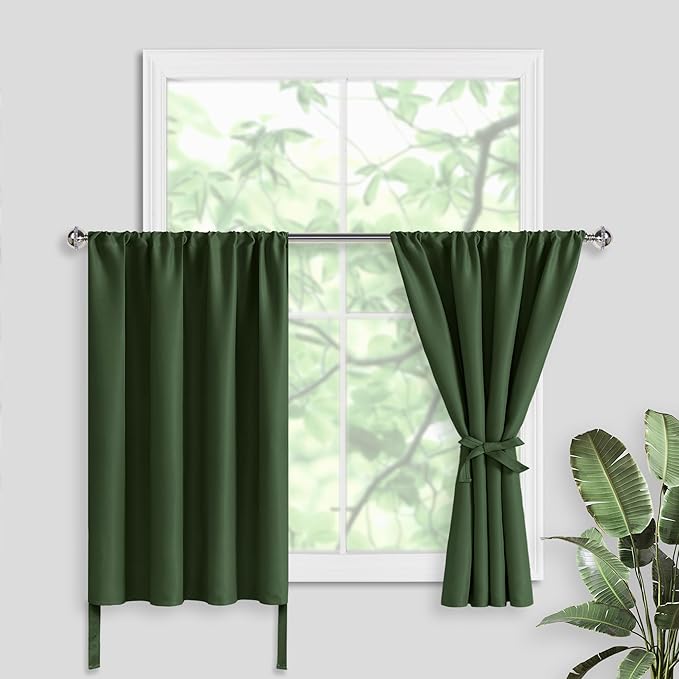 JIUZHEN Tier Curtains 36 Inch Length with 2 Tiebacks, Kitchen Half Window Privacy Curtain Tiers for Windows/Bathroom Shades, Thermal Insulated Room Darkeing Curtain 2 Panels, 42" x 36", Olive Green