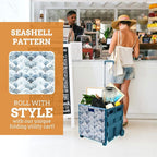 Inspired Living Ultra-Slim Rolling Collapsible Storage Pack-N-Roll Utility-carts, with Telescopic Handle, for Home, Garden, Shopping, Office, School use, Large, Blue, Wave Print