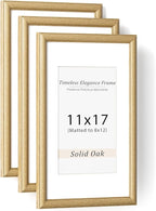 Natural Oak 11x17 Picture Frames Mat to 8x12 Picture Display Set of 3,Original Wood Handcrafted 11x17 Diploma Frame with Tempered Glass Graduation Family Wedding Certificate Photo Wall Mounted