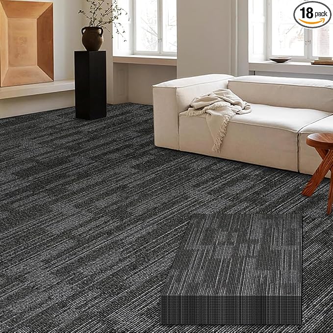 Carpet Tiles 24"x 24" Squares Carpet Reusable,18 Tiles, Non Slip Easy DIY Installation Seamless Floor Tiles Rug for Bedroom Living Room Office etc