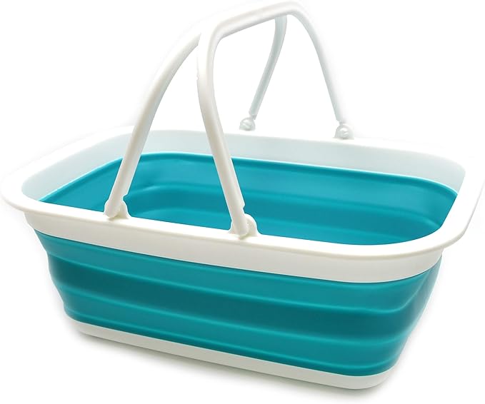 SAMMART 15.5L (4.1 Gallon) Collapsible Tub with Handle - Portable Outdoor Picnic Basket/Crate - Foldable Shopping Bag - Space Saving Storage Container (Bright Blue)