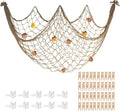 80x40 Inch Decorative Fishing Net w/Shells & Clips, 3mm Brown Natural Cotton Large Photo Hanging Fishnet, Wall Halloween Party Decorations for Nautical Pirate Hawaii Underwater Mermaid Themed Party