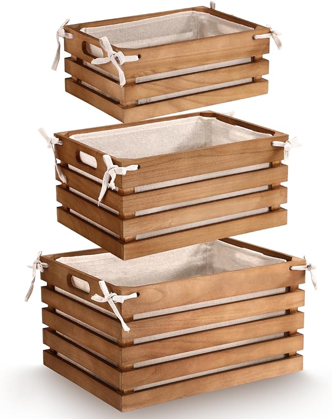 3 Pack Wooden Crates with Liner, Multiple Sizes Wood Crates Decorative Storage Baskets Rustic & Farmhouse Decor for Display Home Pantry Bathroom Cabinets Kitchen Laundry Room Organizing