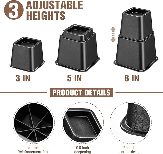 Bed Riser/Furniture Lift Bed/Bed risers/Furniture Lifter/Table risers/Frame Risers Create Under Bed Storage Heavy Duty for Furniture Height Adjustment (Black 4 Pack, 8 Inch)
