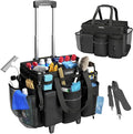 Rolling Cleaning Caddy Bag with Detachable Trolley, Cleaning Supplies Organizer Cart on Wheels, Cleaning Supply Caddy for Housekeepers, Large Professional Detailing Bag Tote for Home, Car (Black)
