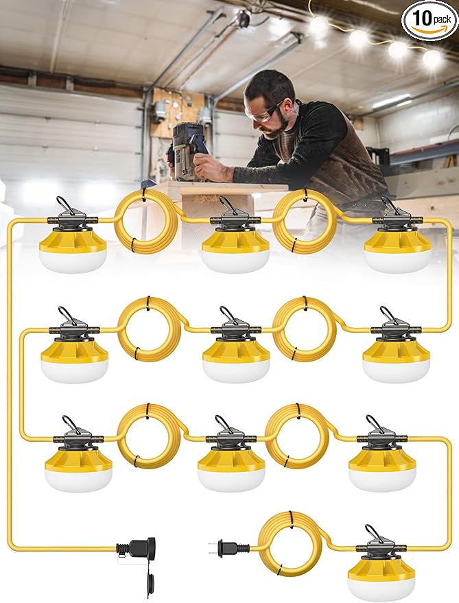 HYPERLITE Construction String Lights: 100FT 10 Bulbs String Work Lights with Climbing Hooks - IP65 Waterproof Linkable LED Construction String Lights for Job Site Attic Renovation Crawlspace Lighting