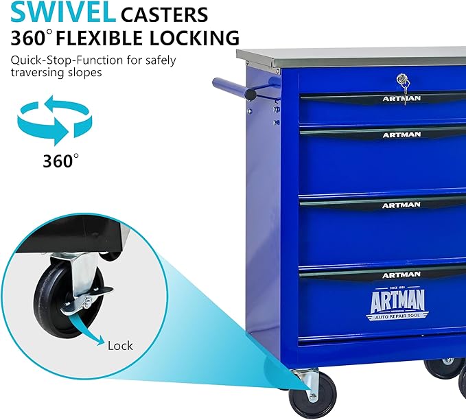 4 Drawers Tool Cart on Wheels with Stainless Steel Worktop, Heavy Duty Mobile Rolling Drawer Tool Chest with Locking Wheels & Lockable Drawers, Garage Tool Storage Cabinet (Blue, 4 Drawers)